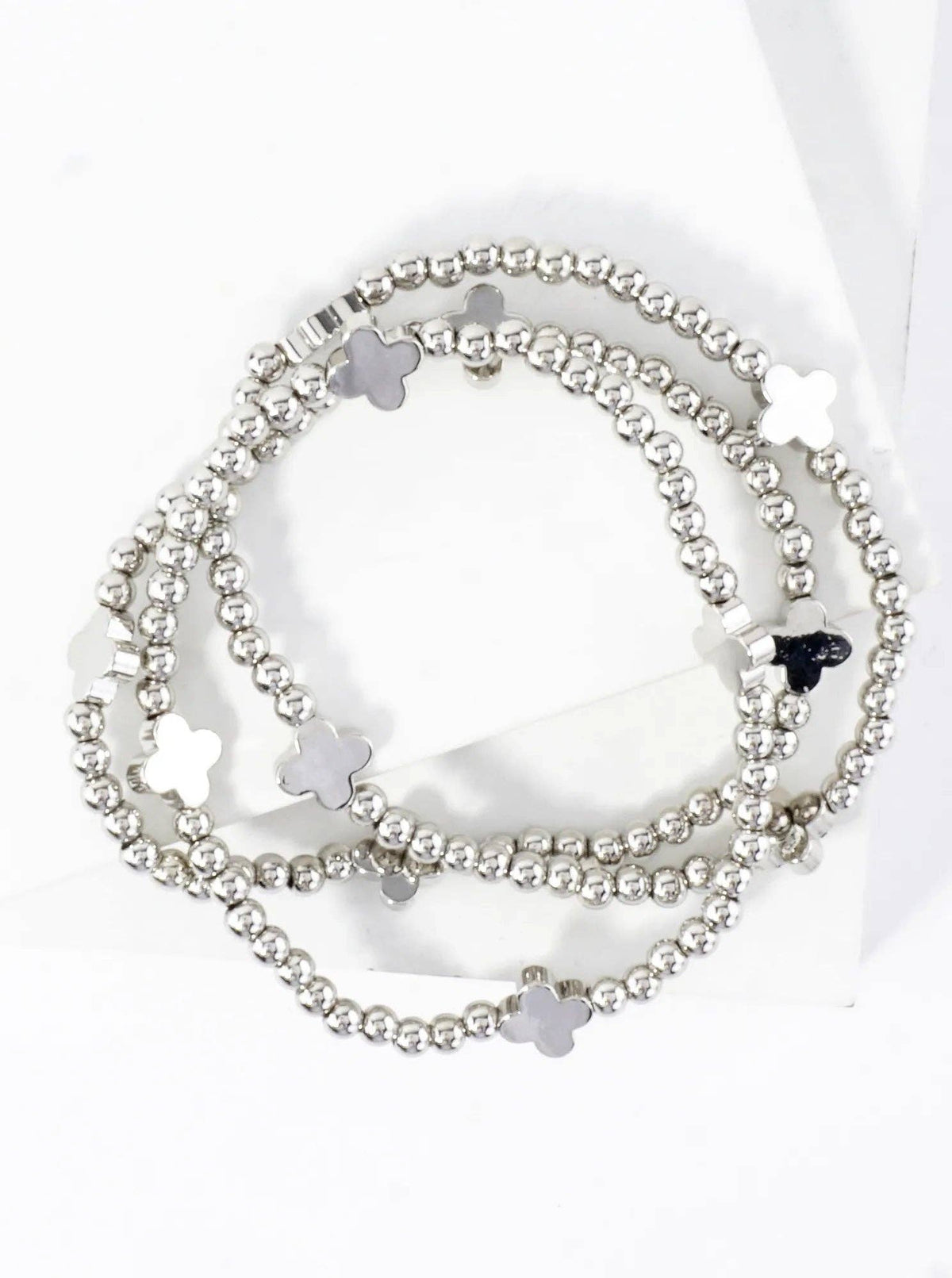 Silver-Tone Quatrefoil Beaded Bracelet Set — 3 Pieces