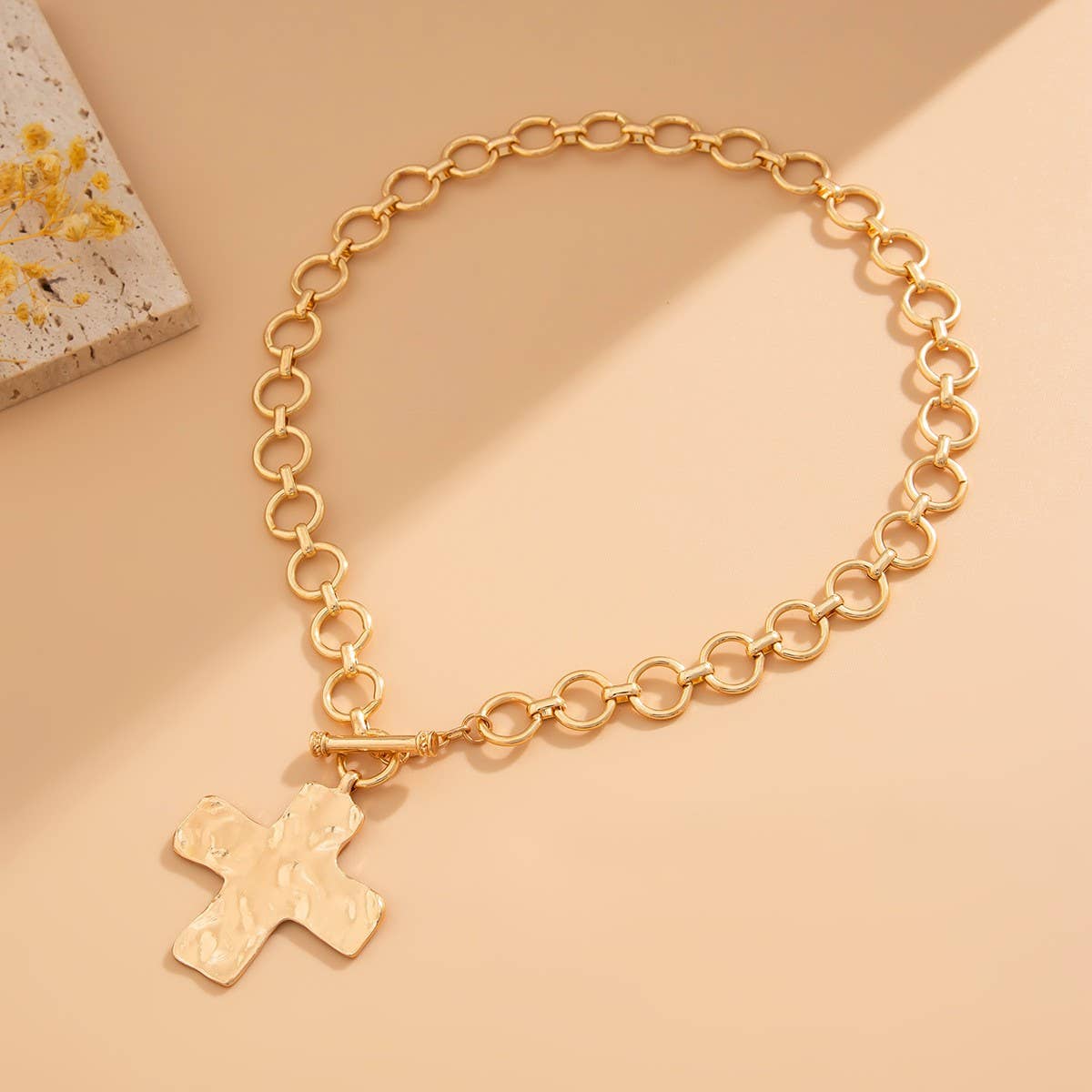Gold Hammered Cross Toggle Necklace