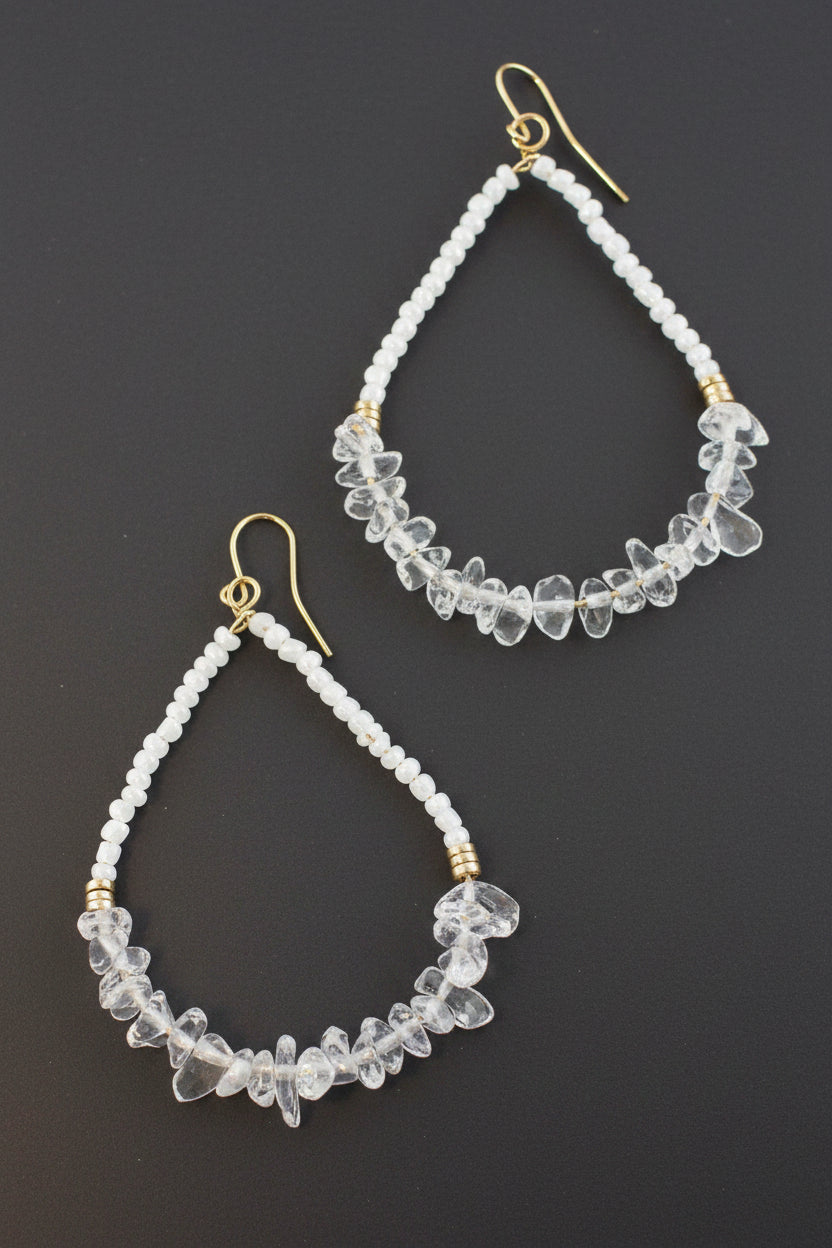 White Chip Stone and Glass Bead Teardrop Earrings
