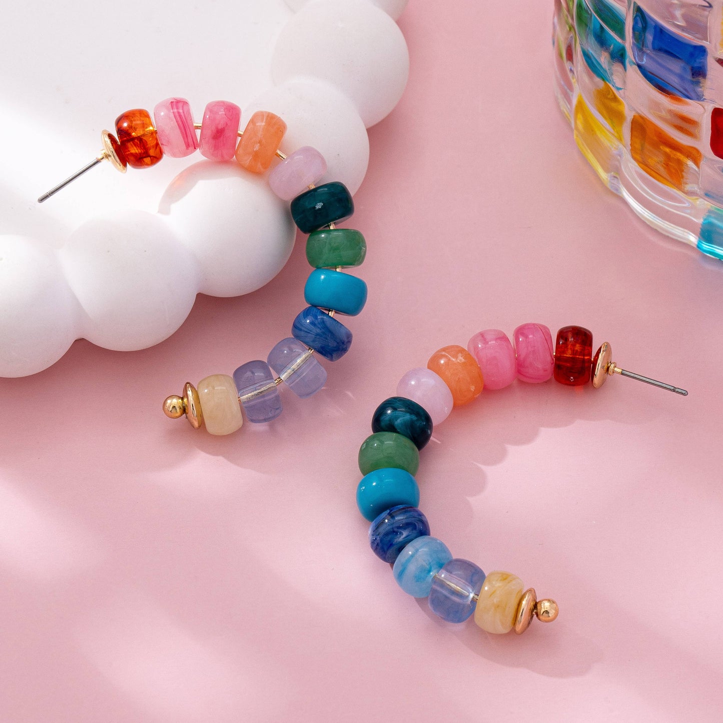 Rainbow Beaded Half-Hoop Earrings