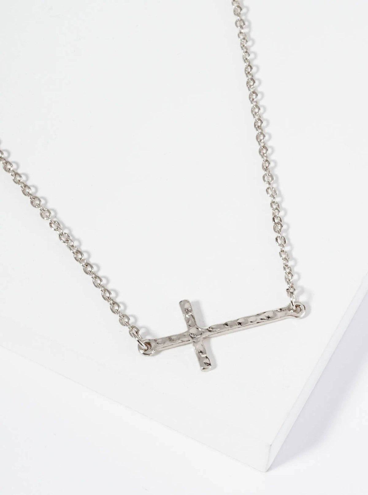 Silver Hammered Sideways Cross Necklace
