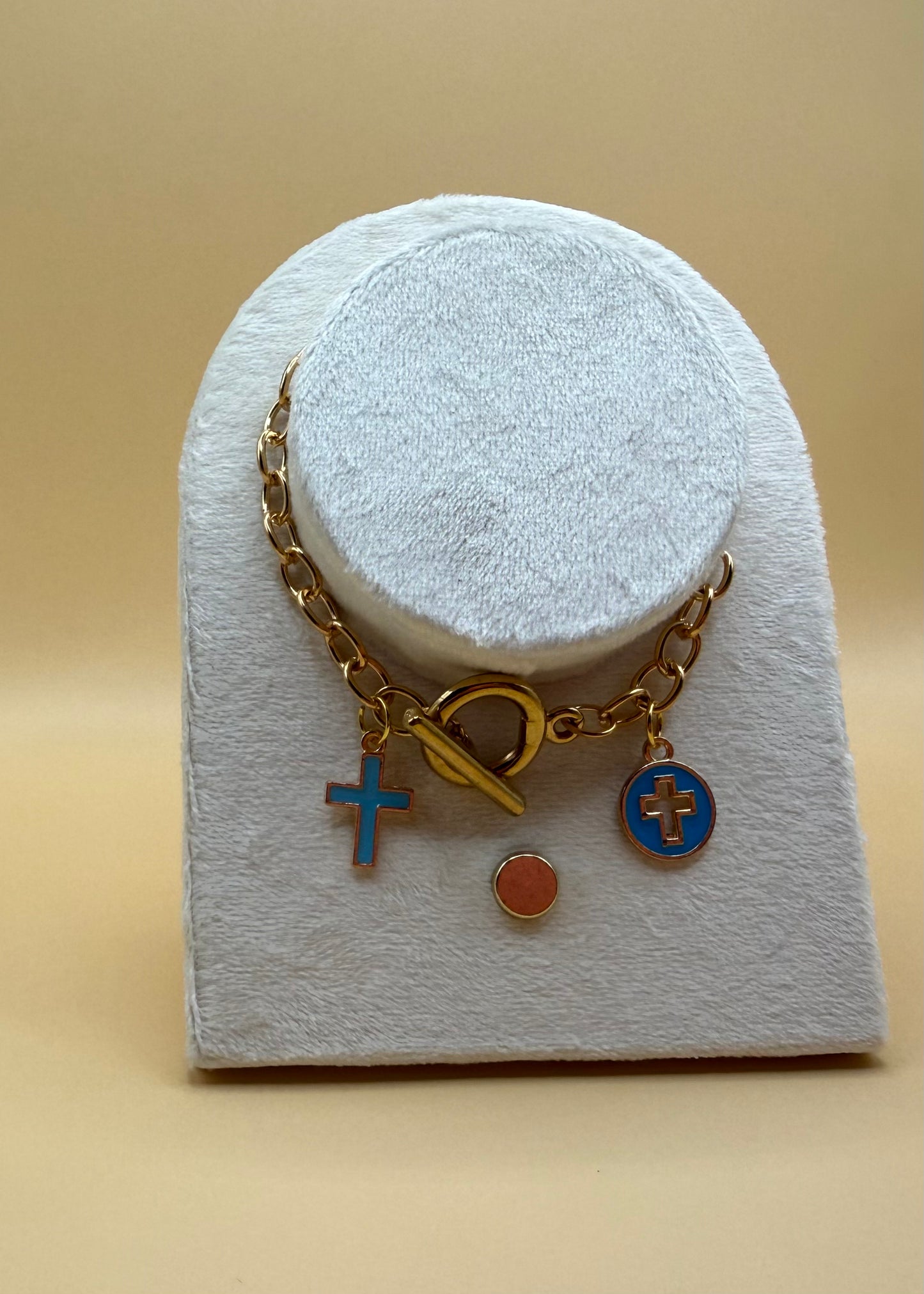 Gold Toggle Cross & Disc Charm Bracelet