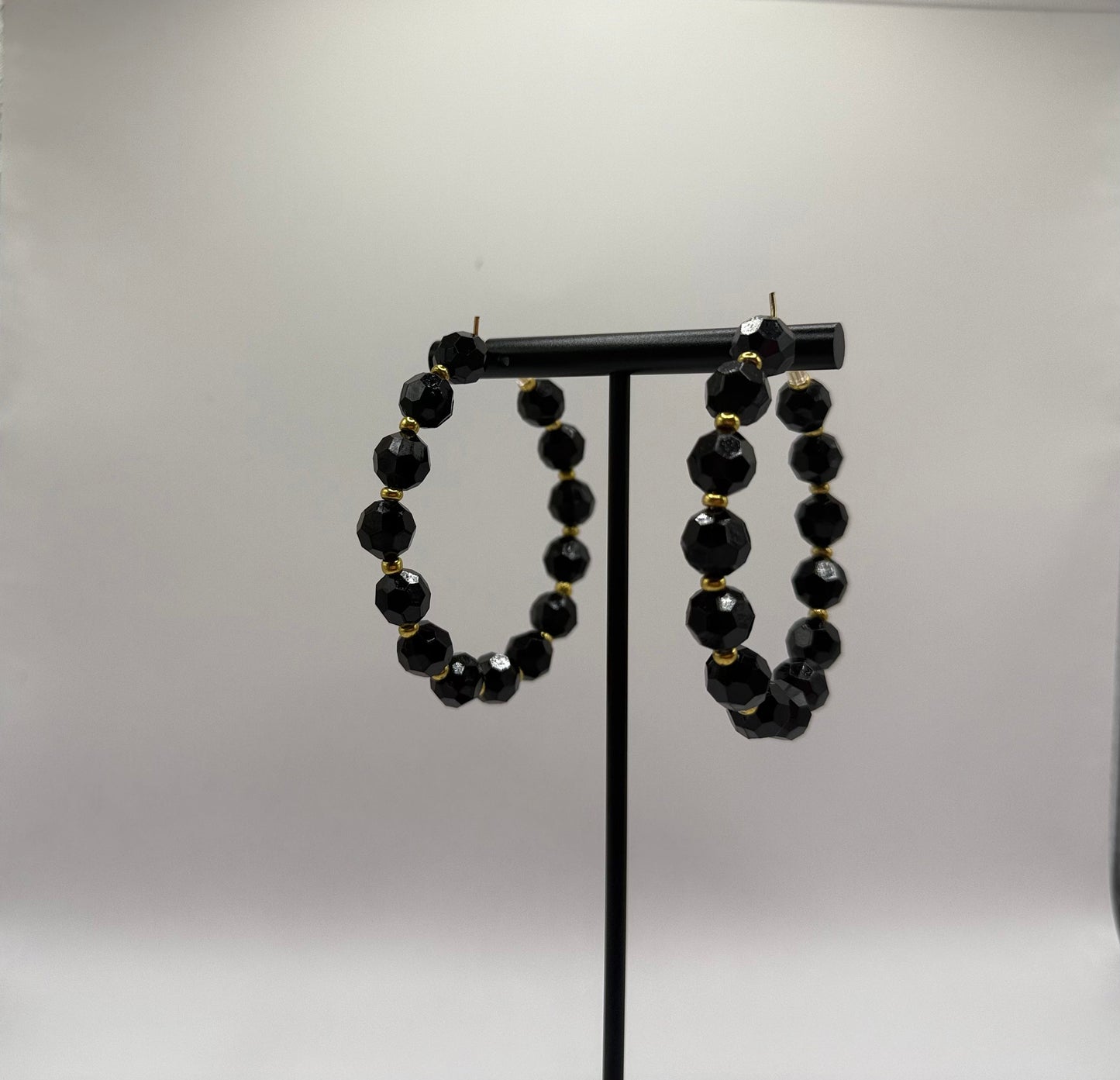 Black & Gold Beaded Hoop Earrings — 50mm
