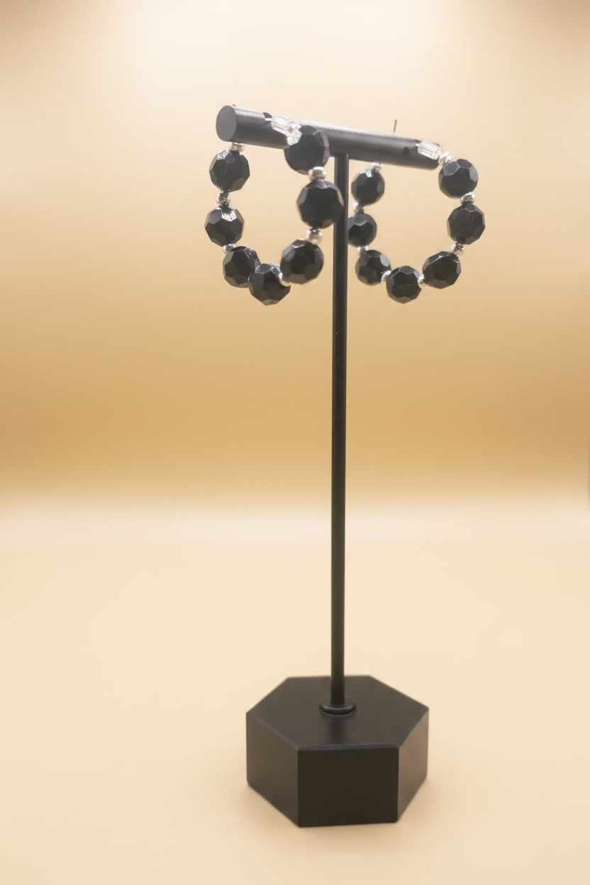 Black Faceted Bead & Silver Hoop Earrings