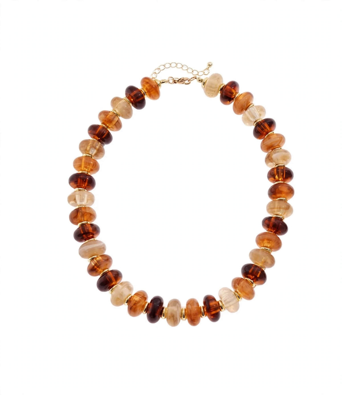 Amber-tone rondelle bead necklace with gold-tone spacers and extender chain