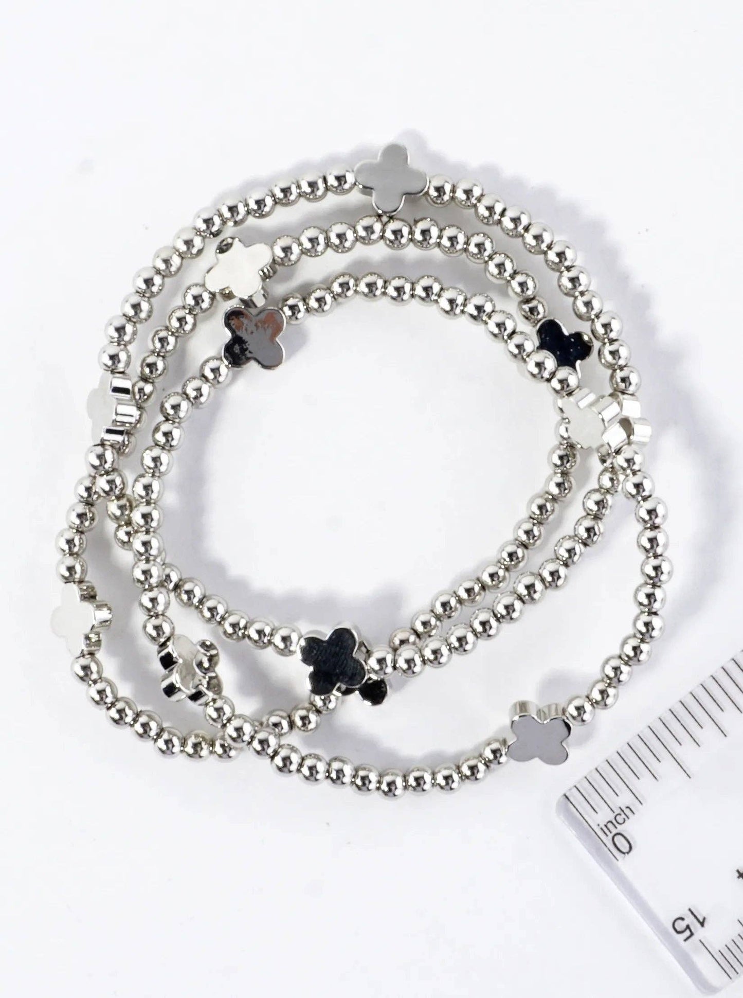 Silver Metallic Bead Quatrefoil Stretch Bracelet Set – Set of 3