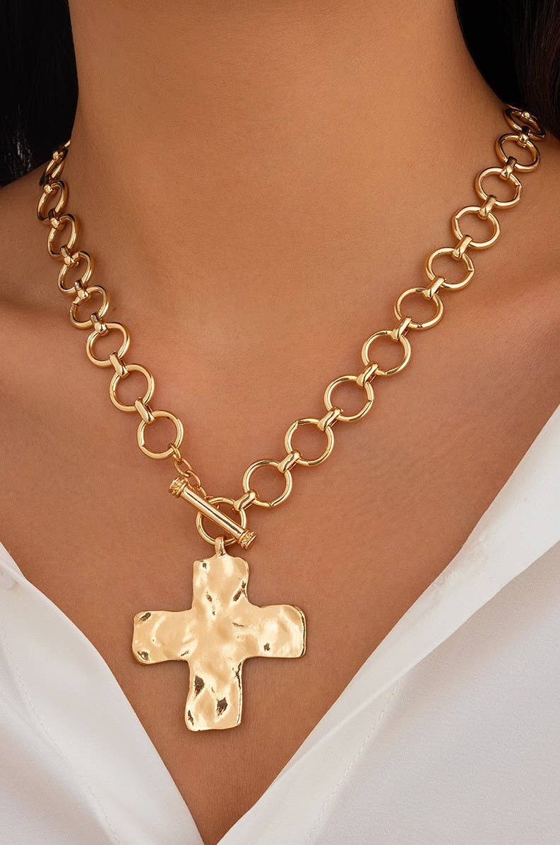 Gold Hammered Cross Toggle Necklace