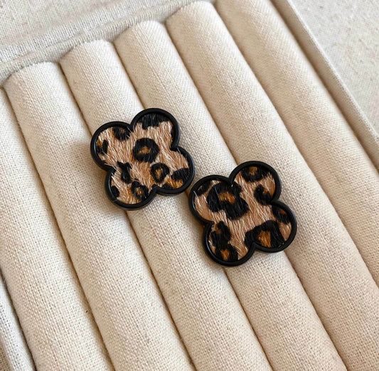 The Wild Duo Collection - Flocked Leopard Studs | Gold Square & Black Clover