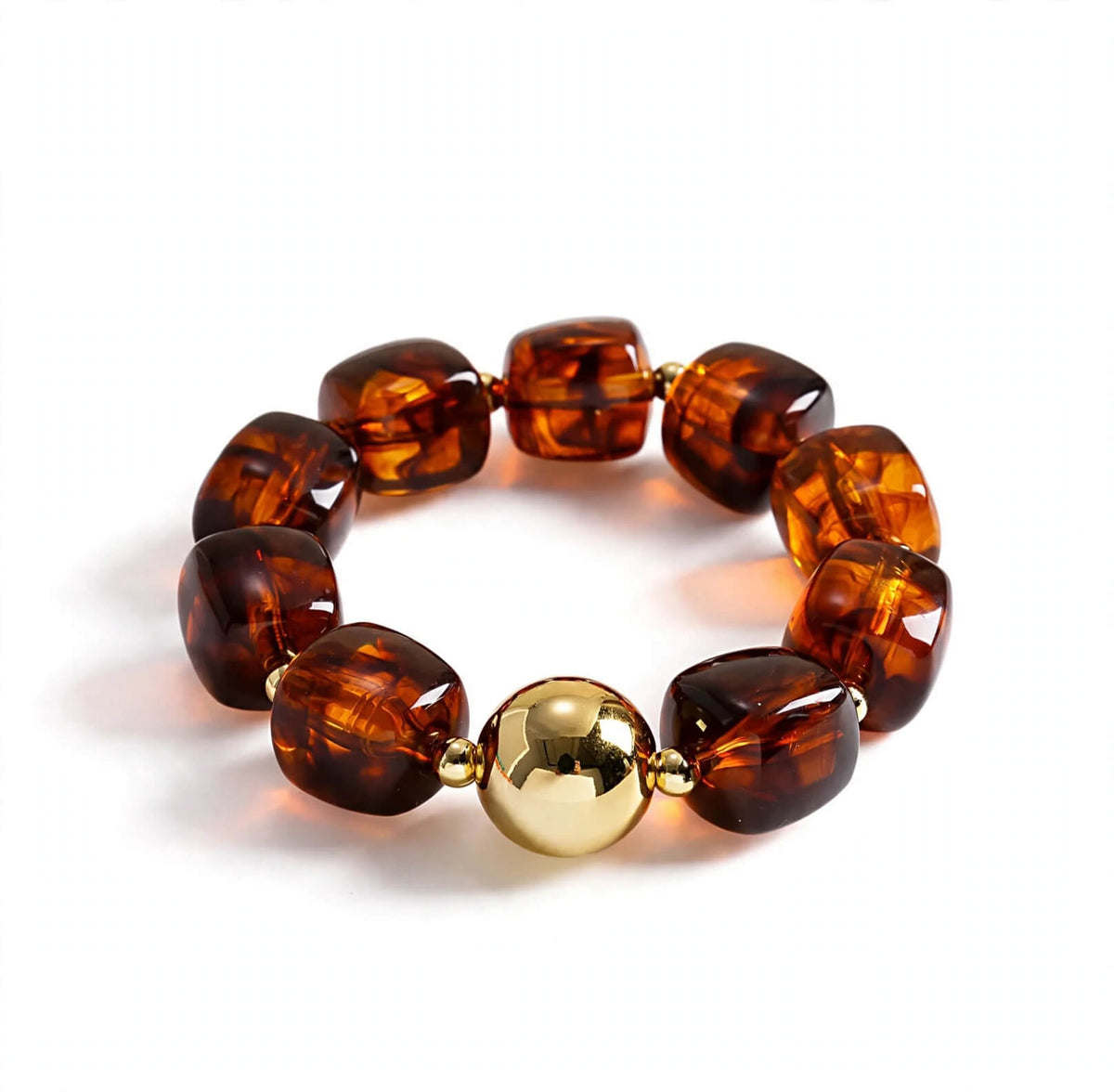 Gold color amber-brown chunky bead bracelet with gold-tone focal accent