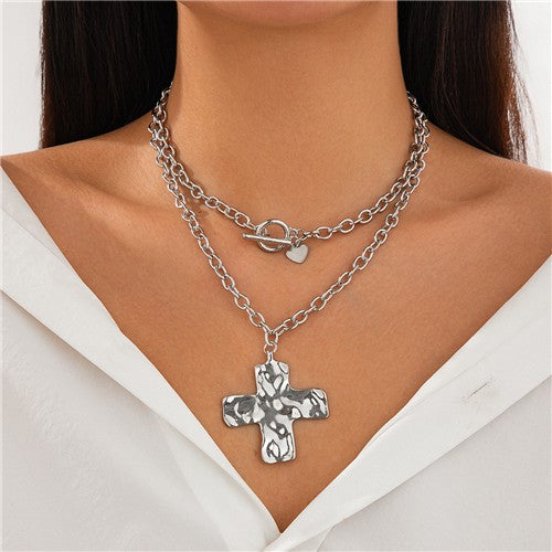 Silver Layered Cross Toggle Necklace