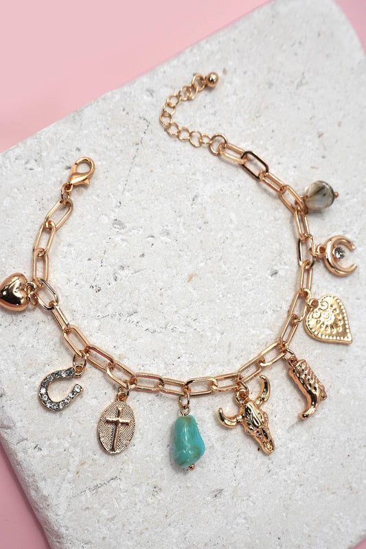 The Western Boot, Bullhead & Stone Charm Bracelet