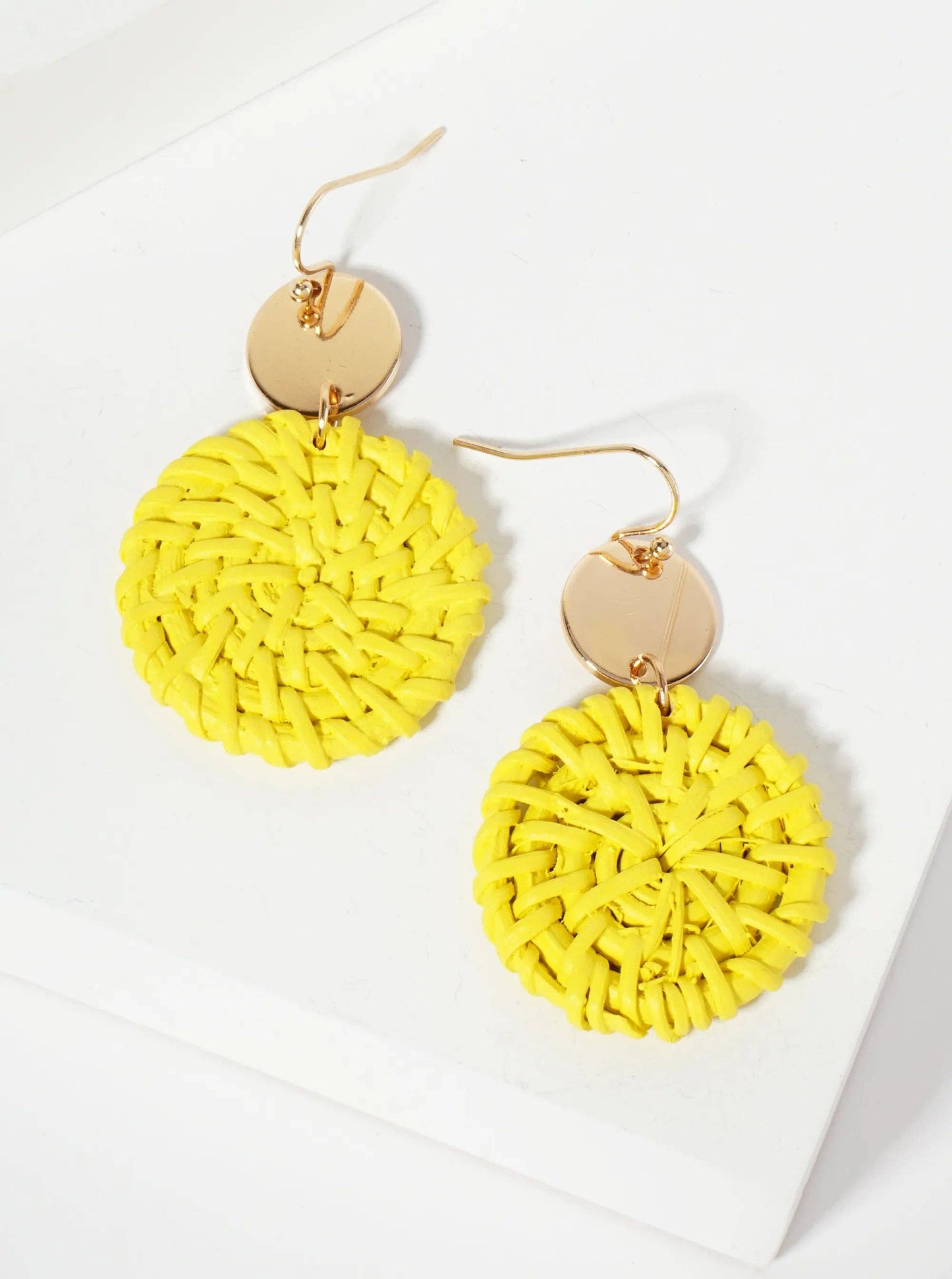 Yellow Rattan Circle Drop Earrings