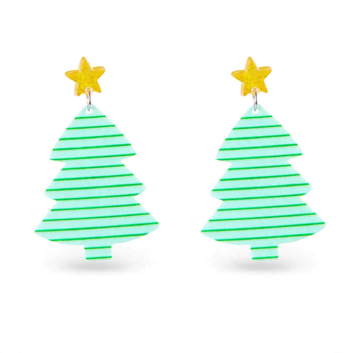 Pink acrylic Christmas tree drop earrings decorated with multicolor lights and deep green round tops