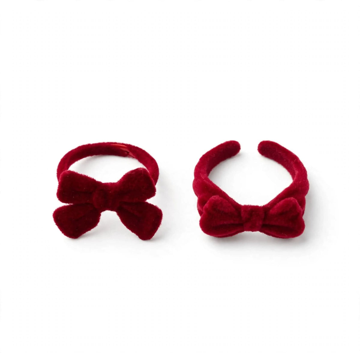 Deep red flocked bow ring shown from the front and back to display the adjustable open band