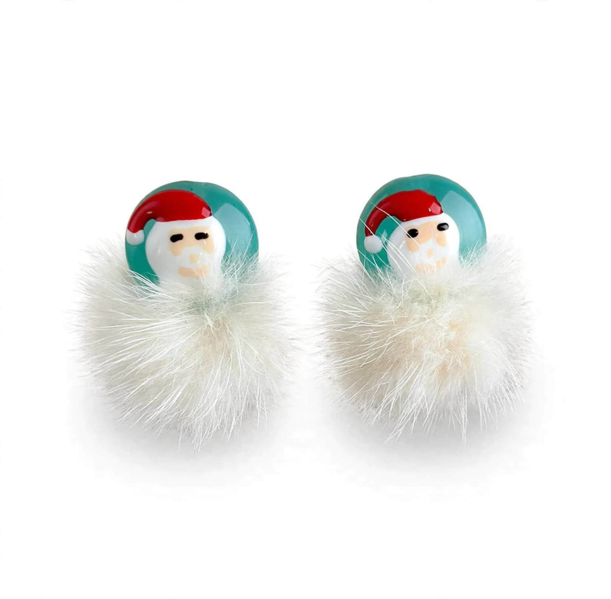 A pair of round stud earrings featuring a white snowman face with a red Santa hat inside a glossy teal dome, set on a fluffy white faux-fur base, shown on a plain white background.
