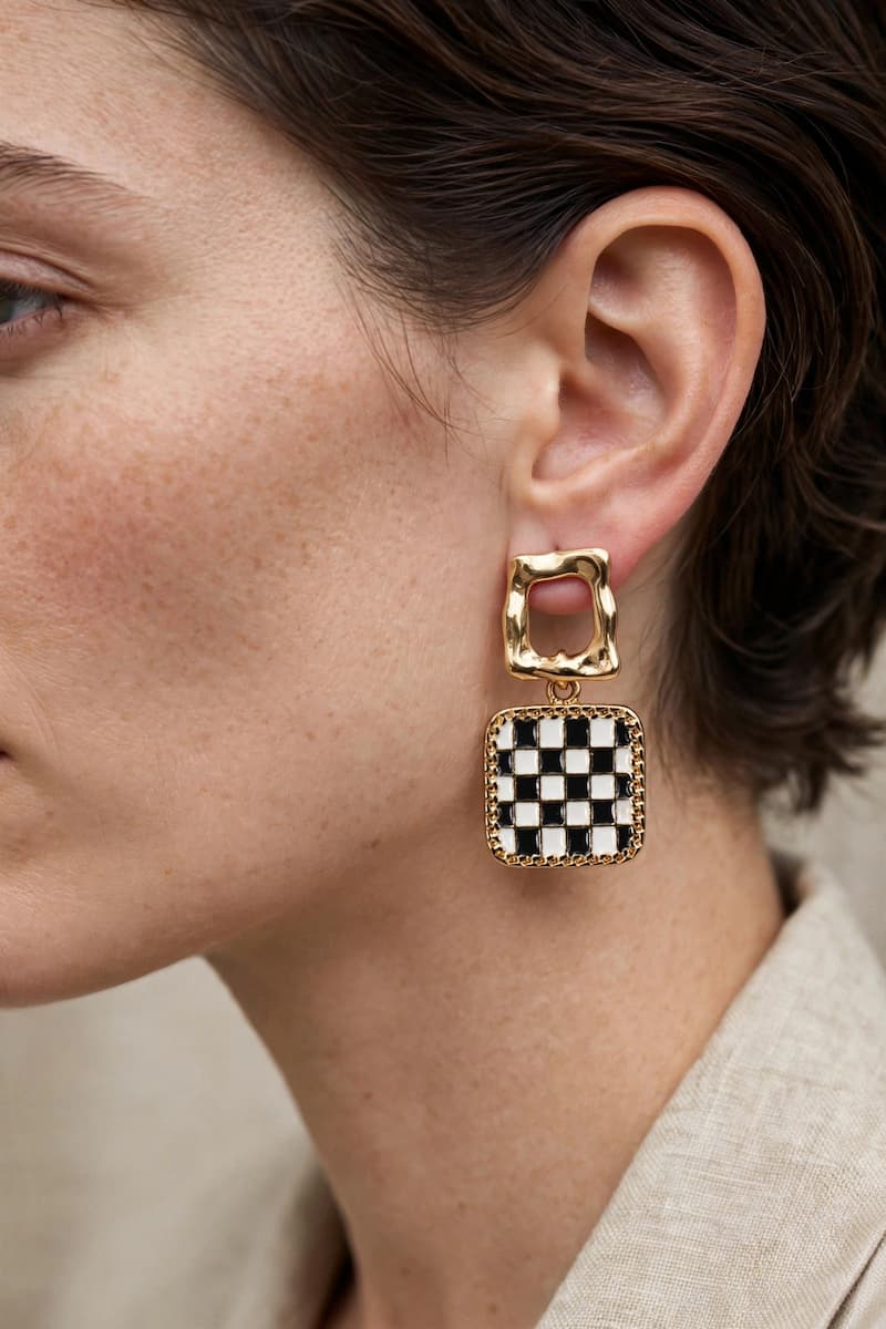 Double Square Checker Drop Earrings