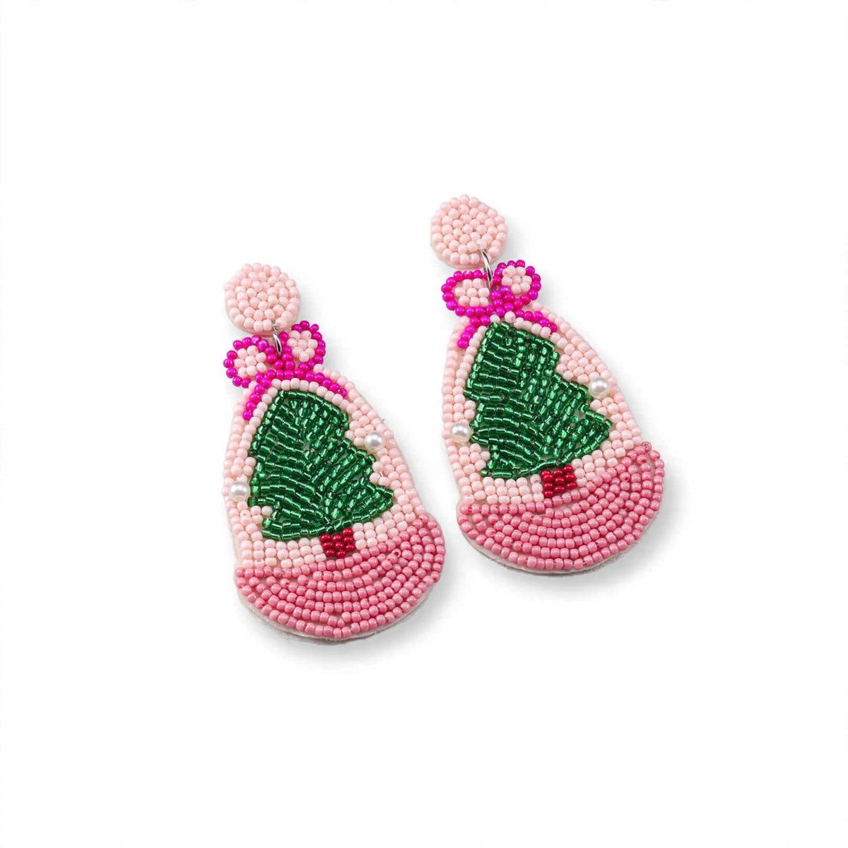 Pink beaded Christmas tree earrings with green trees, bright pink bows and white faux-pearl accents
