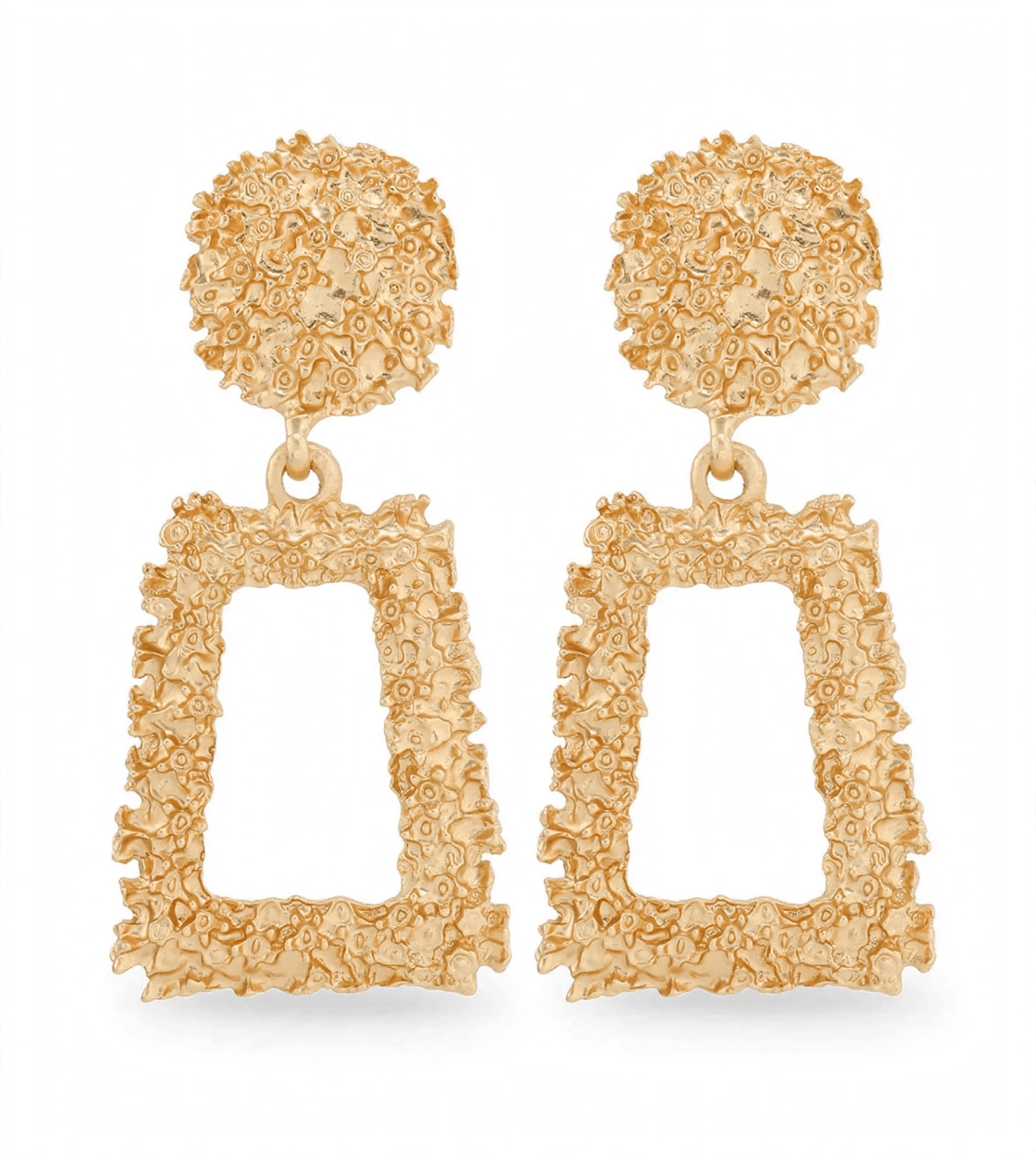 Gold-tone textured earrings with rounded tops and open trapezoid drops