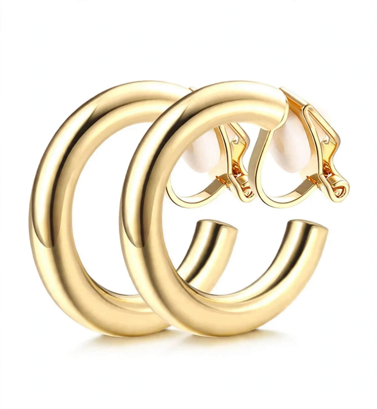Smooth gold-tone open hoop earrings with clip-on closures for non-pierced ears
