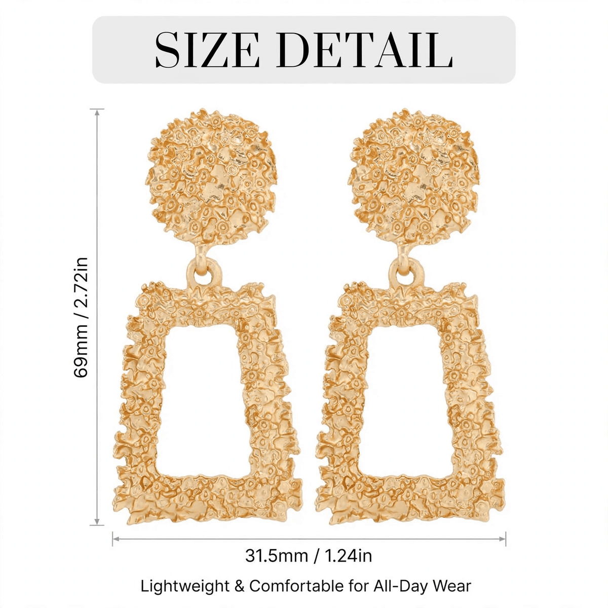 Size guide showing textured geometric earrings measuring 69 mm long