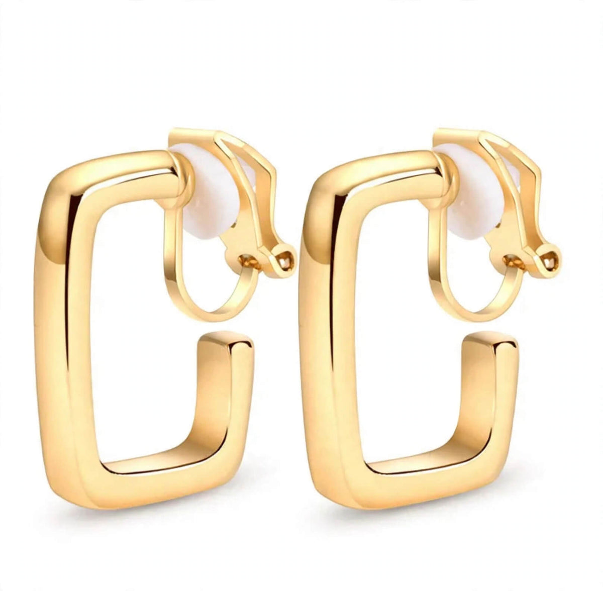 Smooth gold-tone rectangular hoop earrings with rounded corners and clip-on closures