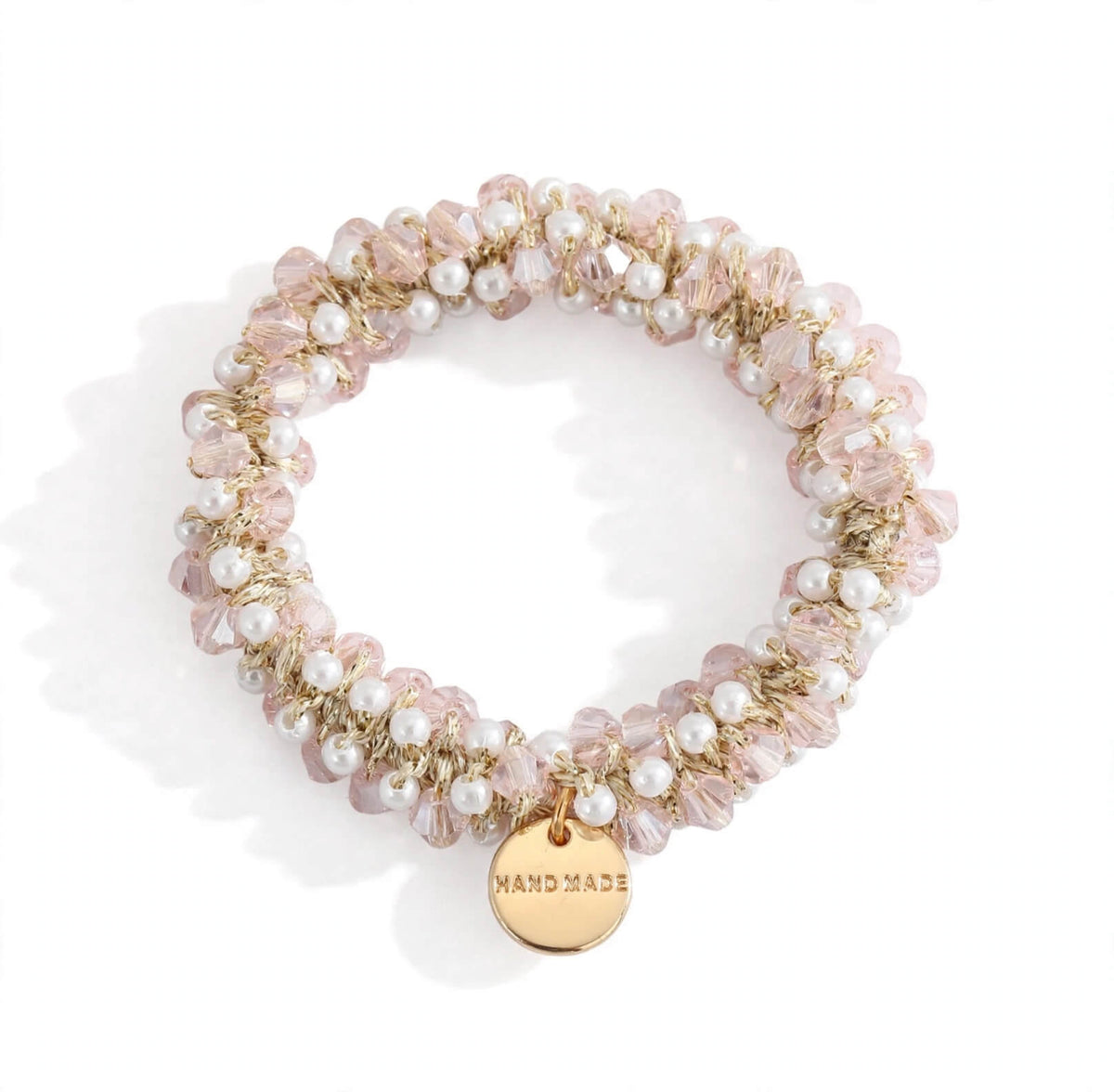 Pink Crystal Pearl handmade beaded hair tie scrunchie bracelet with faux pearl accents
