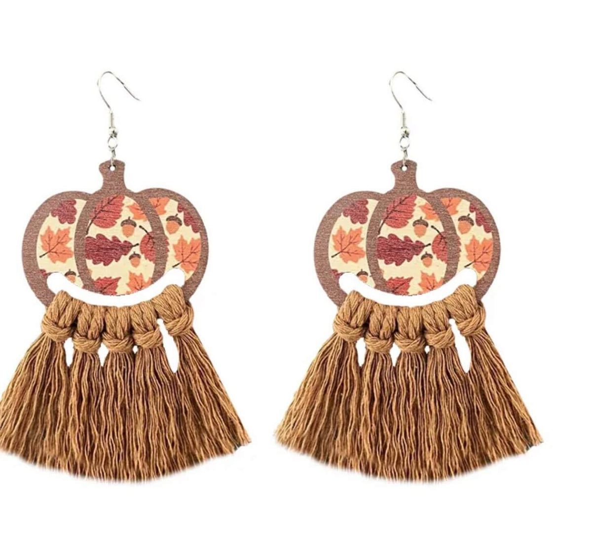 Fall Pumpkin Wood Tassel Earrings | Lightweight Boho Thanksgiving Earrings