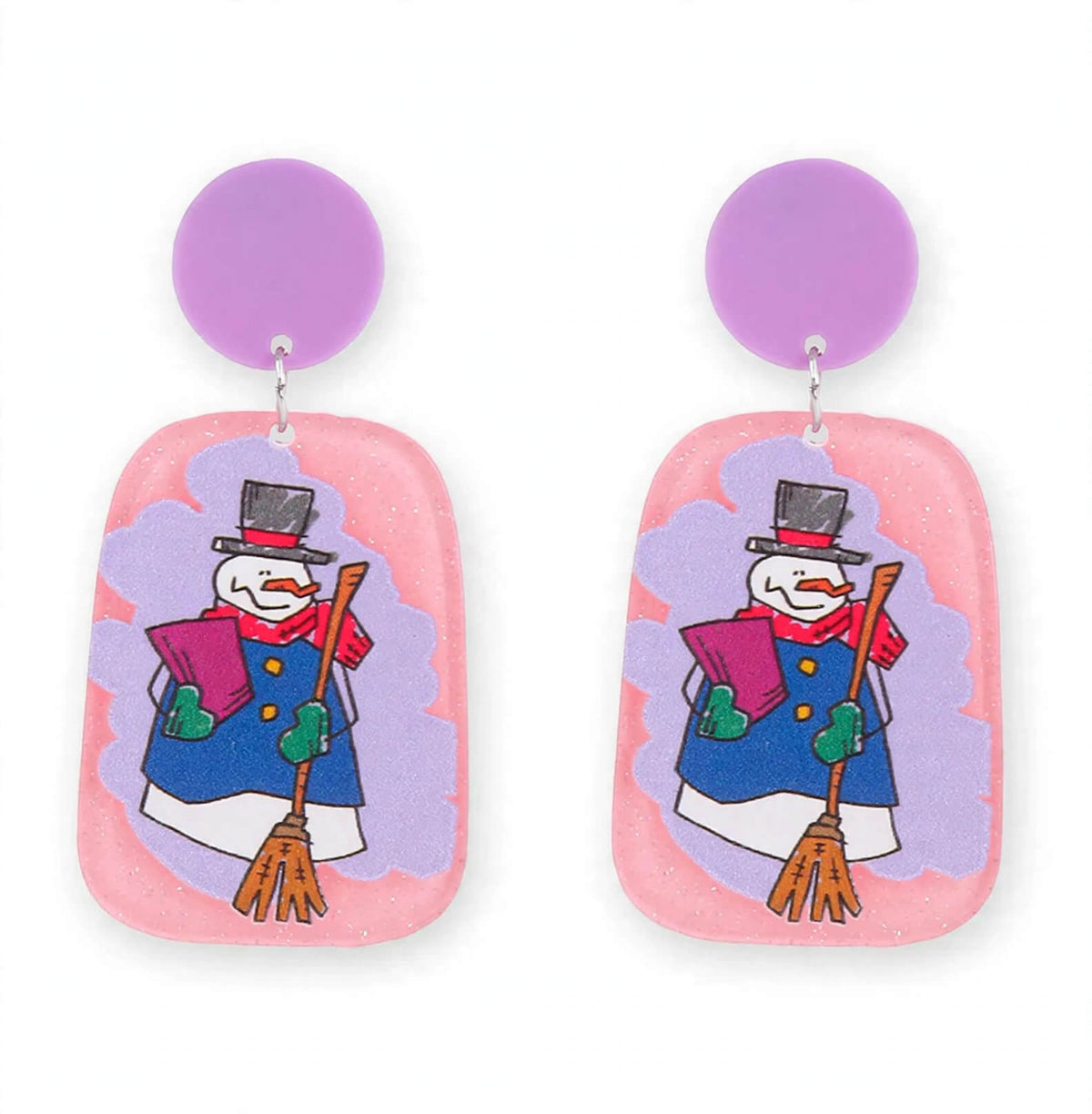Purple Snowman acrylic dangle earrings with pink and purple backgrounds