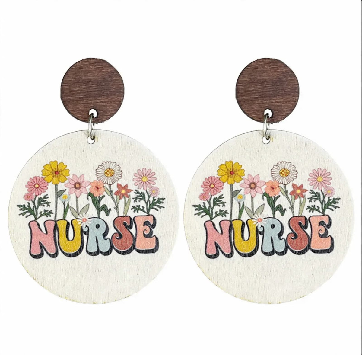 Retro Floral Nurse acrylic drop earrings with colorful NURSE lettering and flowers