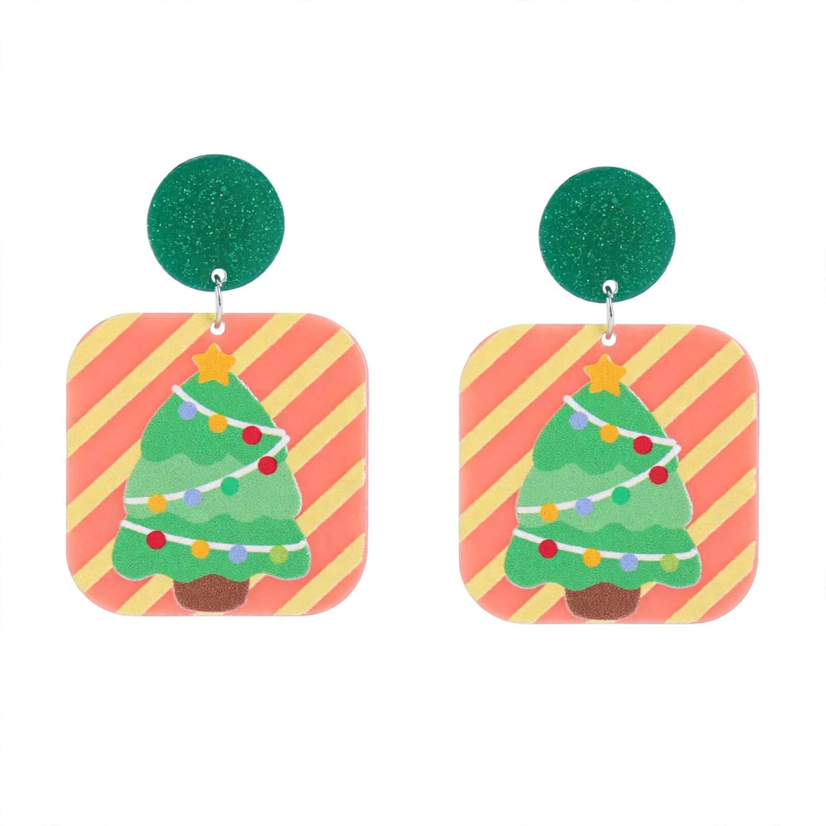 Square Christmas tree acrylic earrings with striped backgrounds and green round tops