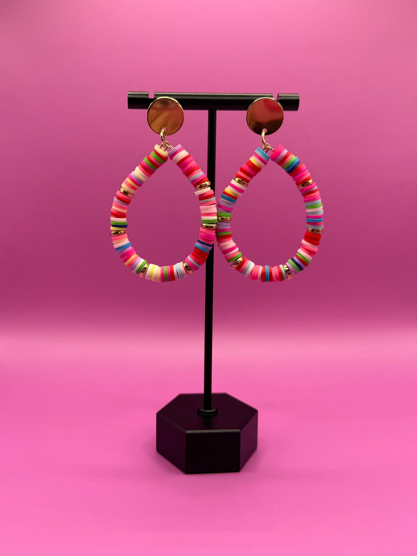 Rainbow Clay Bead Teardrop Earrings with Gold Studs