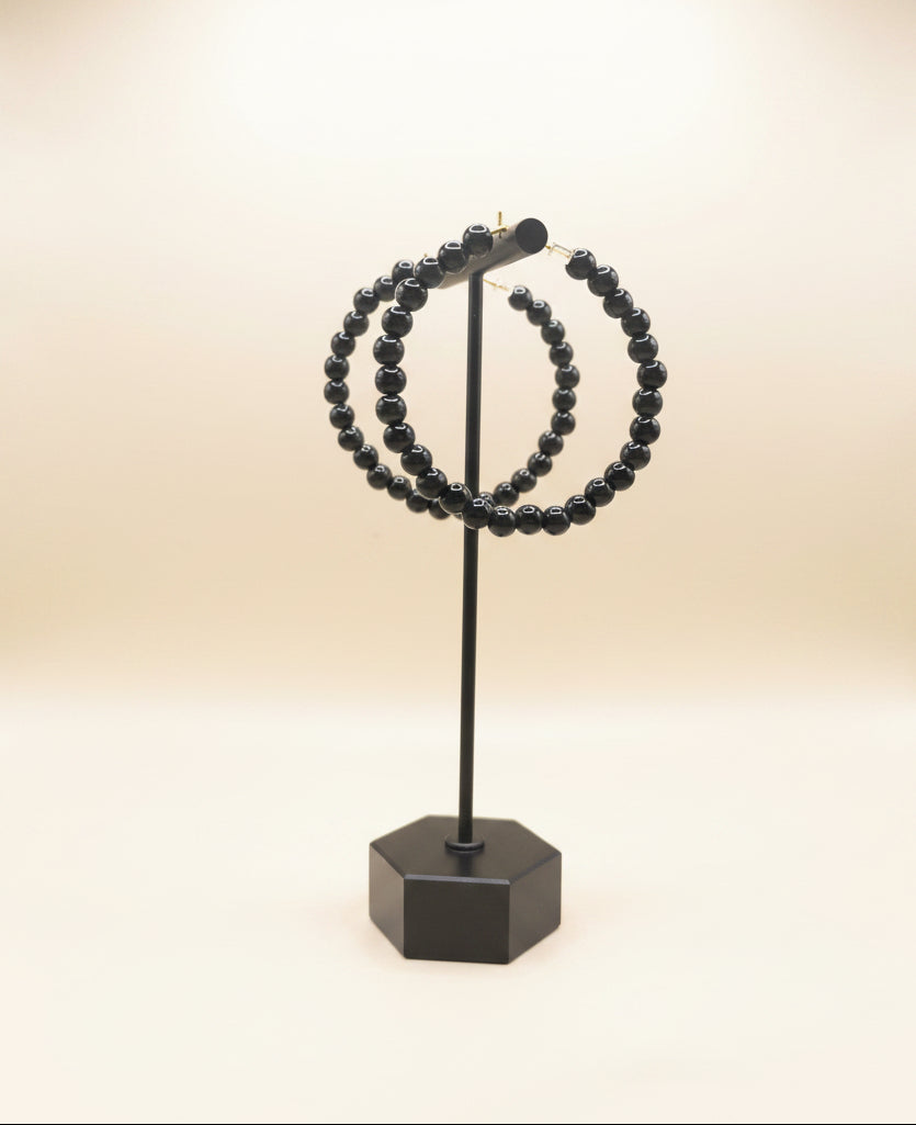 Black Beaded Gold Hoop Earrings