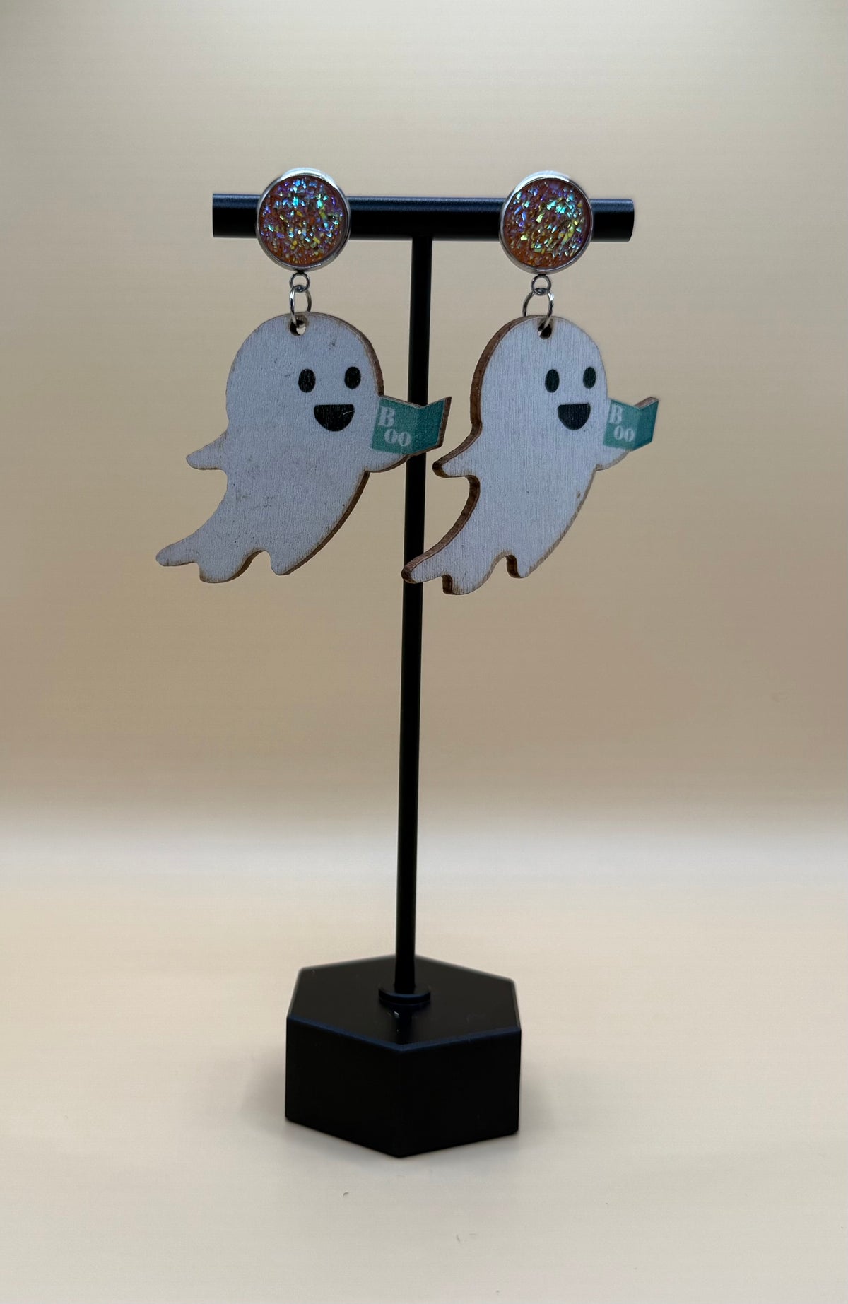 Wood Halloween ghost earrings reading a book