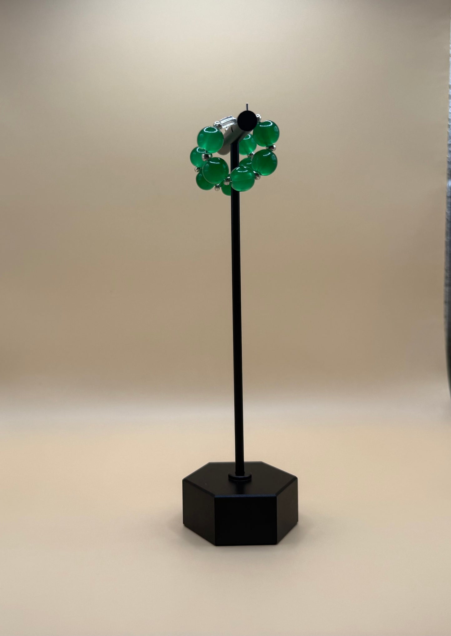 Green Glass Bead Hoop Earrings with Silver Spacers