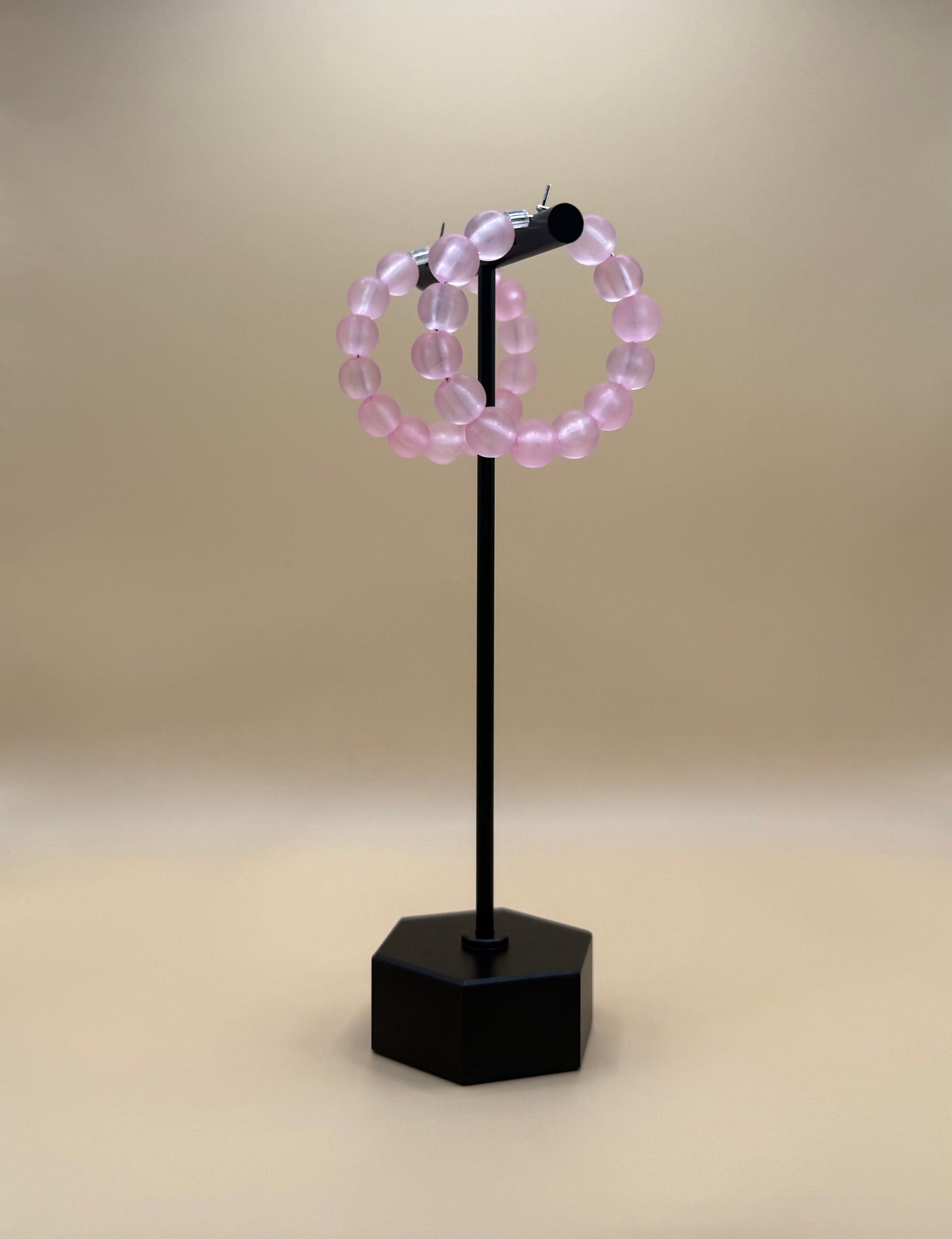 Pink Frosted Bead Closed Hoop Earrings