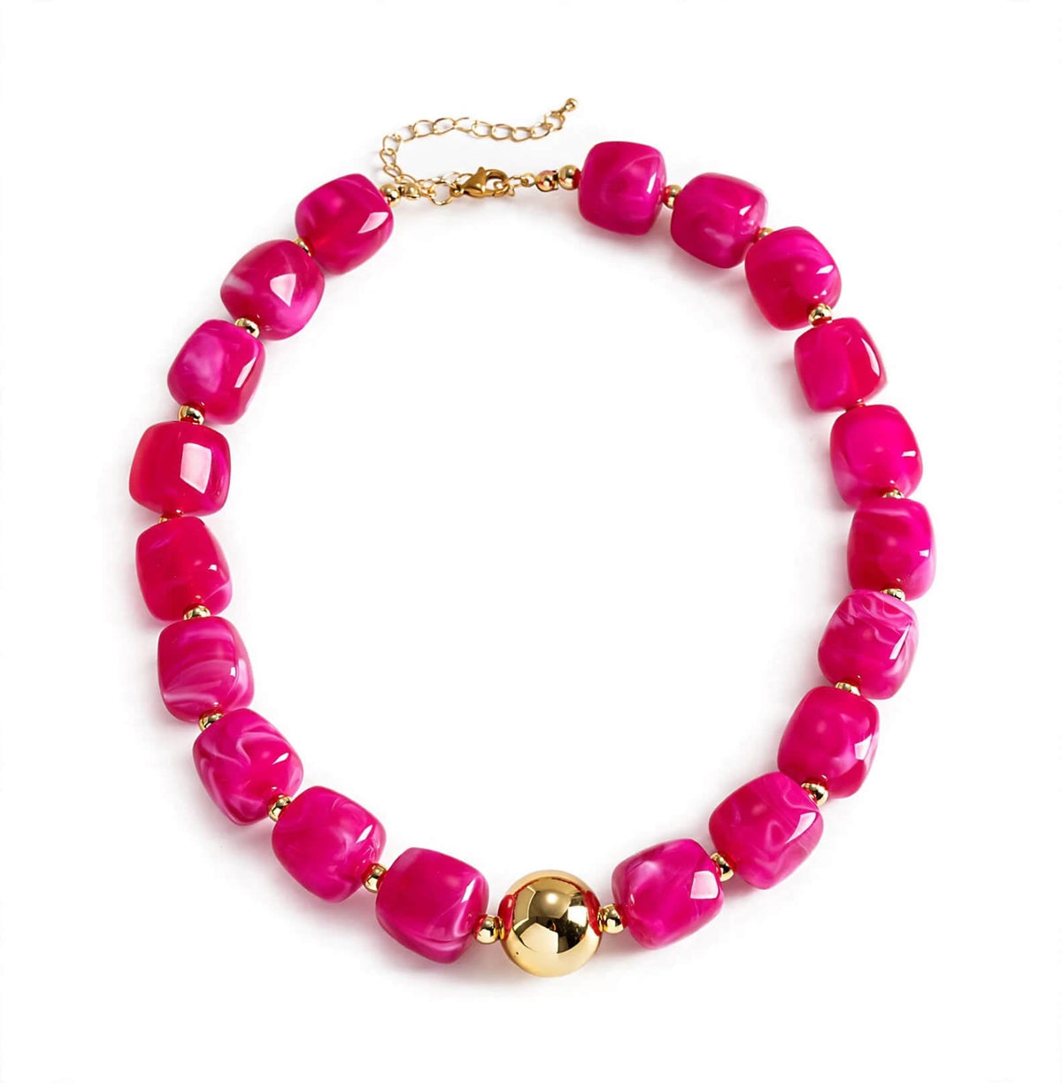 Pink marbled chunky bead necklace with gold-tone focal accent
