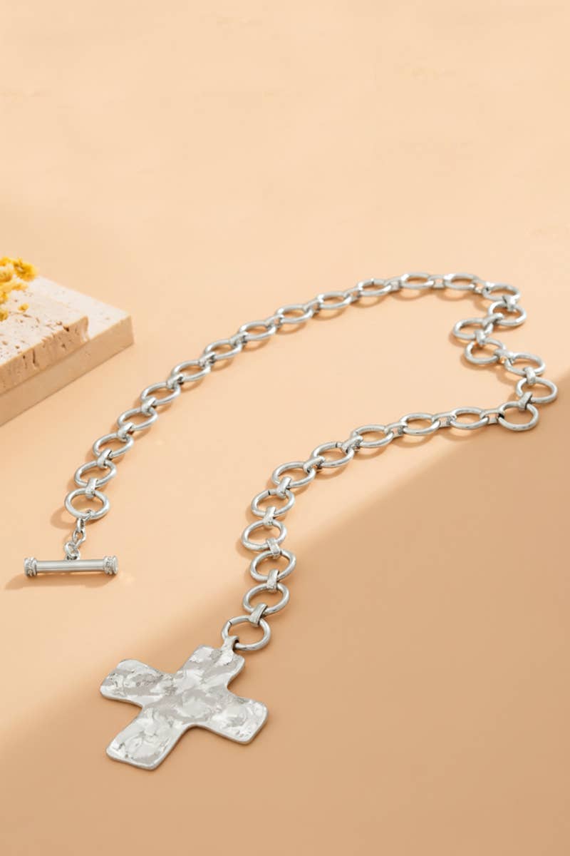 Silver Hammered Cross Toggle Necklace