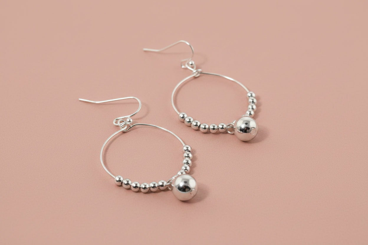 Silver Ball Bead Circle Dangle Earrings