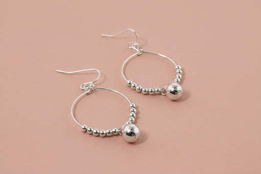 Silver Ball Bead Circle Dangle Earrings