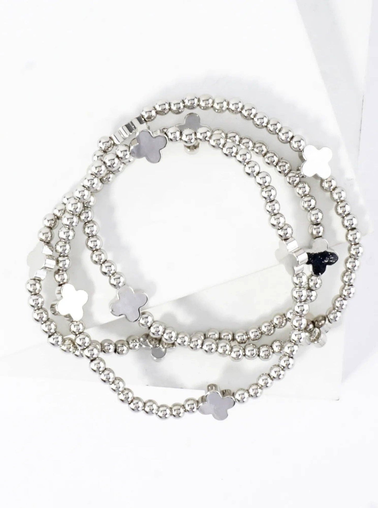 Silver Metallic Bead Quatrefoil Stretch Bracelet Set – Set of 3