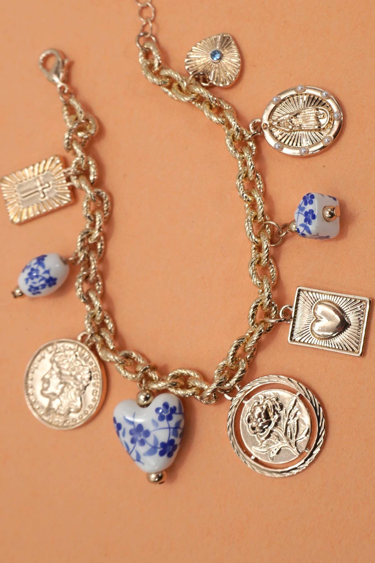 Blue Porcelain Coin, Cross & Heart Charm Bracelet
