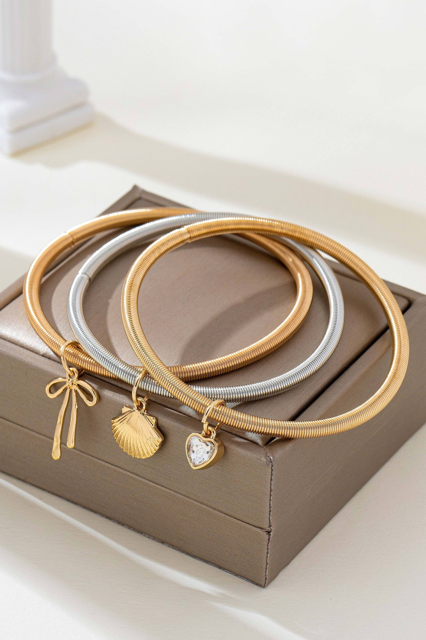 Two-Tone Charm Coil Bracelet Set
