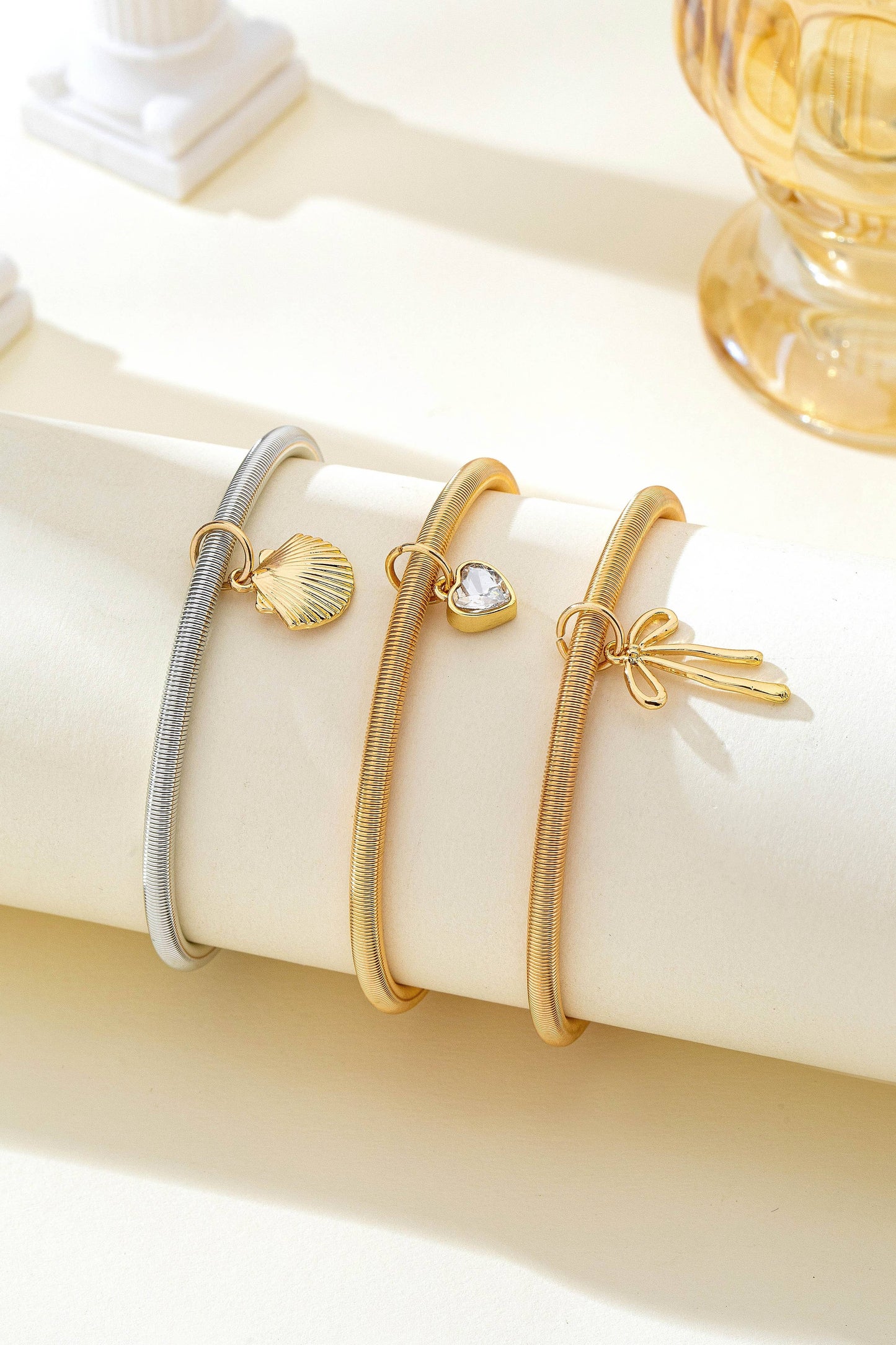 Two-Tone Charm Coil Bracelet Set