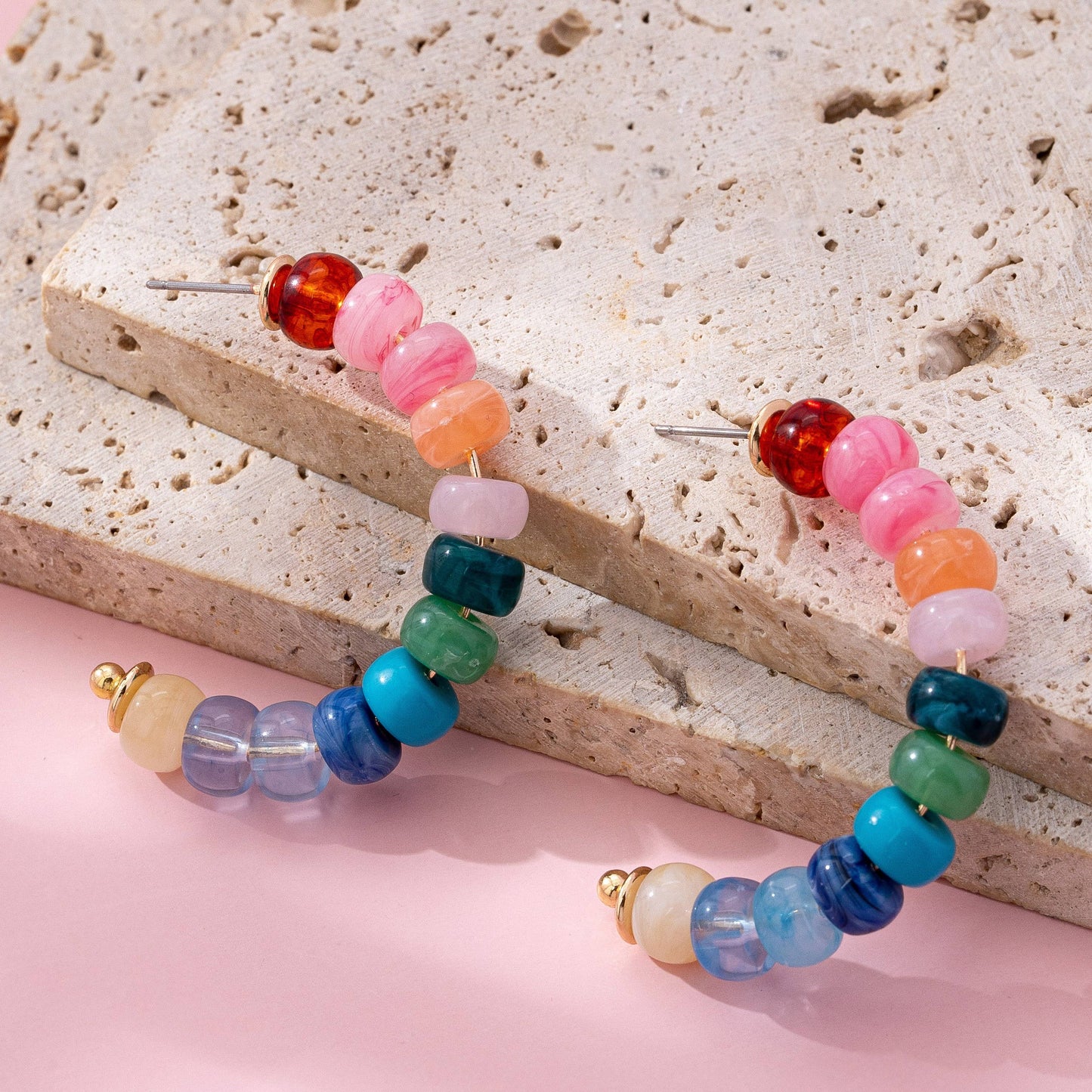 Rainbow Beaded Half-Hoop Earrings