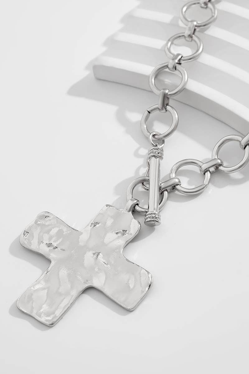 Silver Hammered Cross Toggle Necklace
