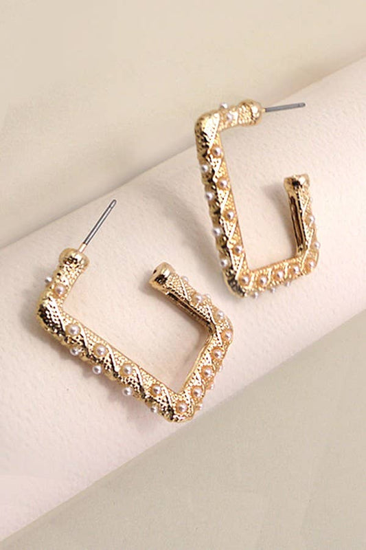 Pearl & Gold Rectangle Hoops