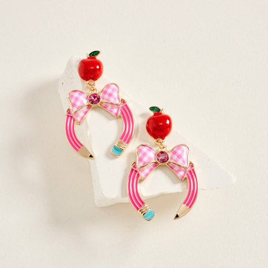 Horseshoe Pencil Bow Ribbon Apple Stone Earrings