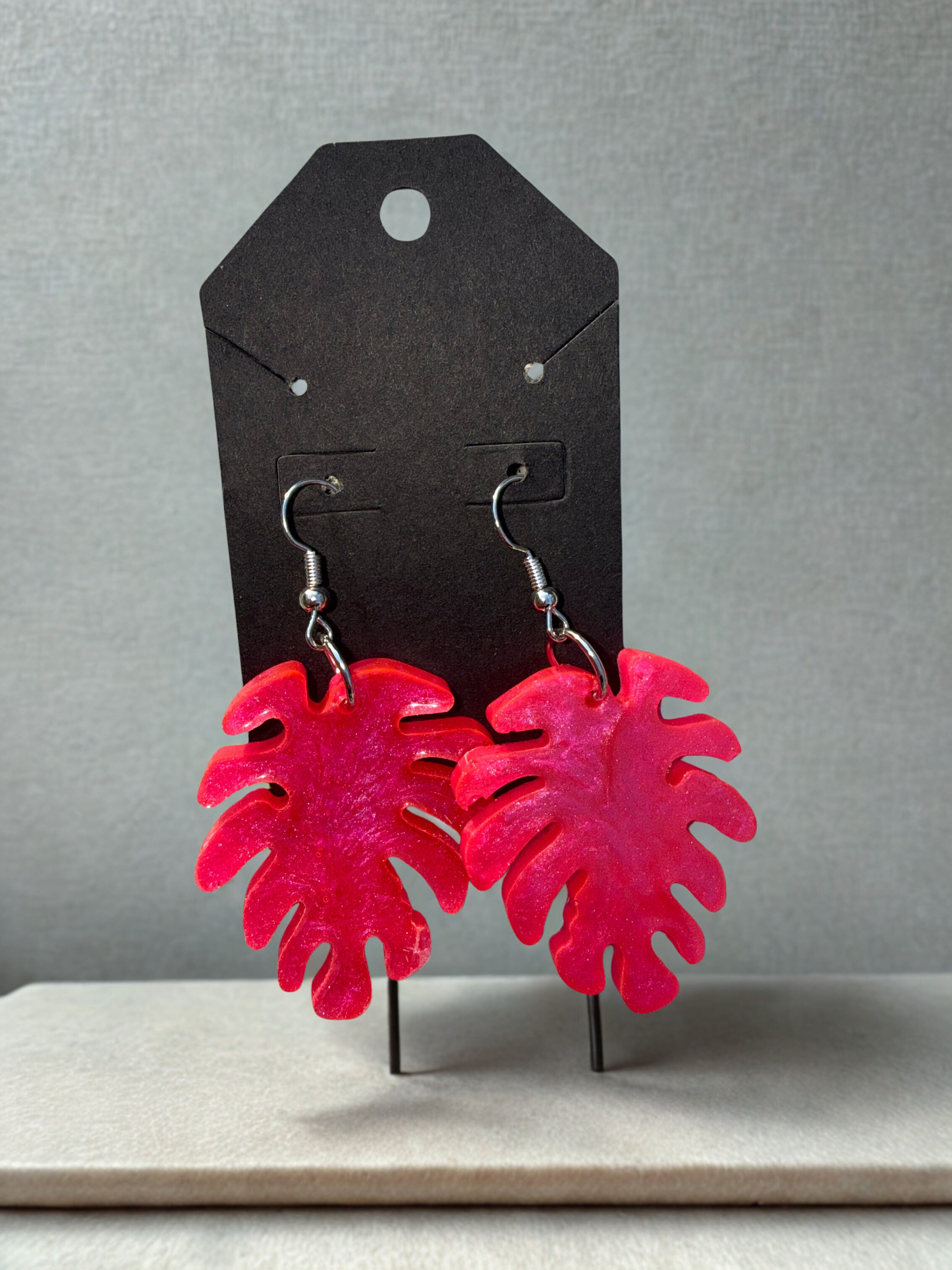 Hot Pink Monstera Leaf Dangle Earrings