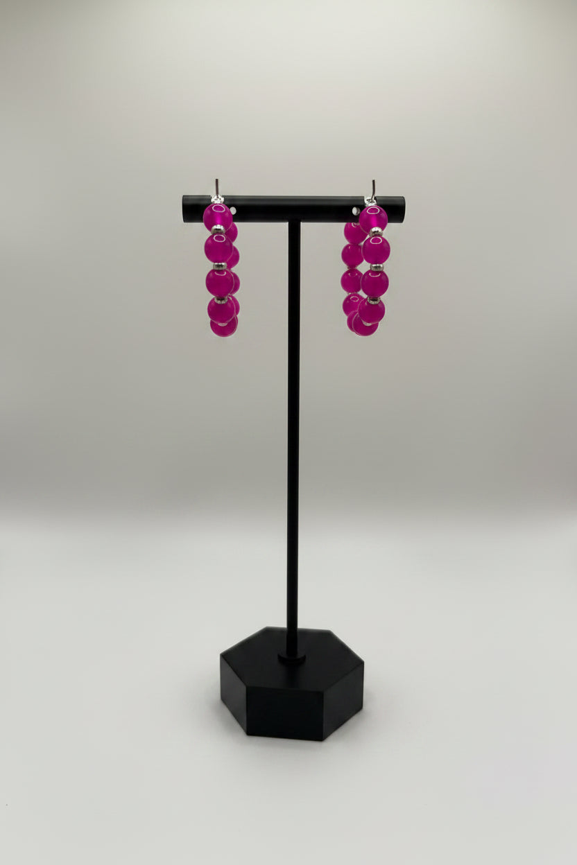 Fuchsia Glass Beaded Hoop Earrings