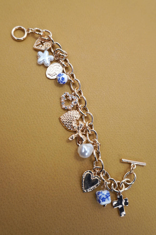 The Porcelain Heart & Bow Charm Toggle Bracelet